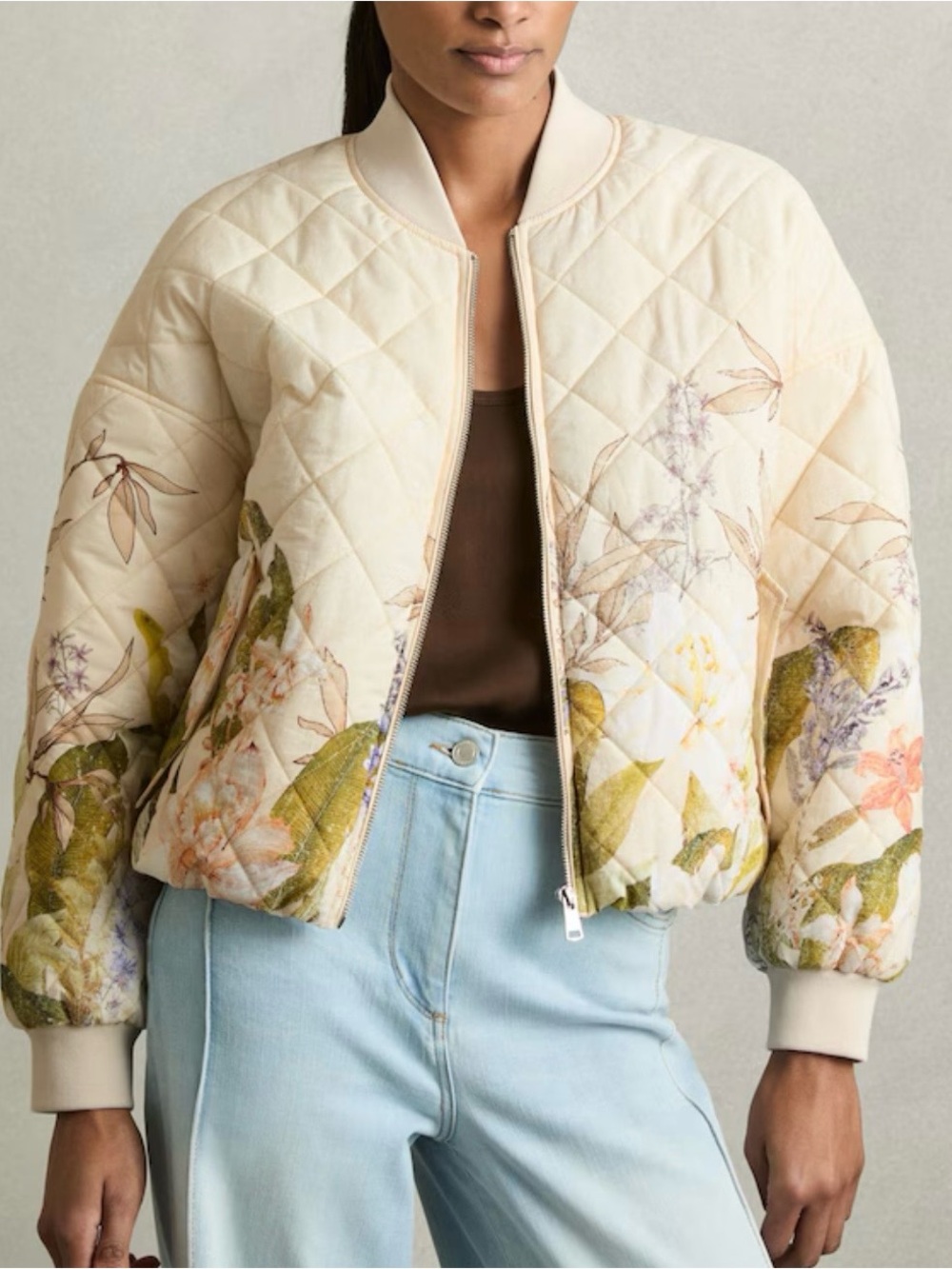 Reiss Nina Cream Quilted Floral Bomber Jacket new sz L